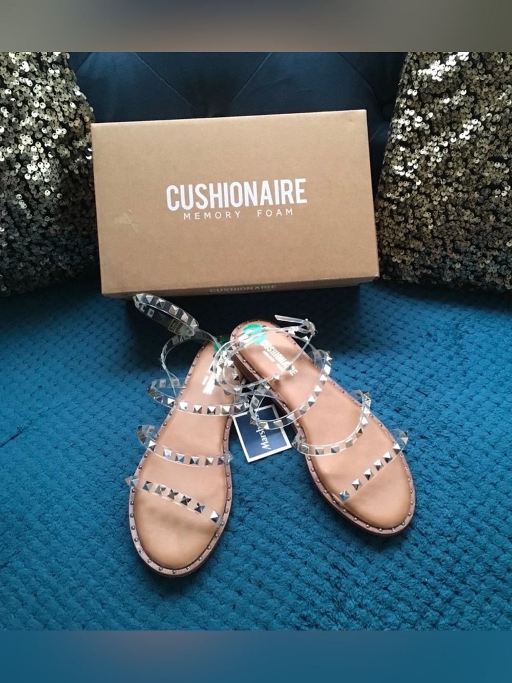 Cushionaire Clear Studded Strappy Sandals in Tan